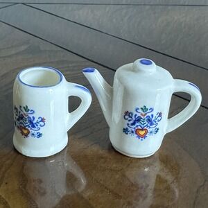 VTG UCGC Porcelain Floral Pitcher w Mug 1.75 Inch Dollhouse Miniature White Blue